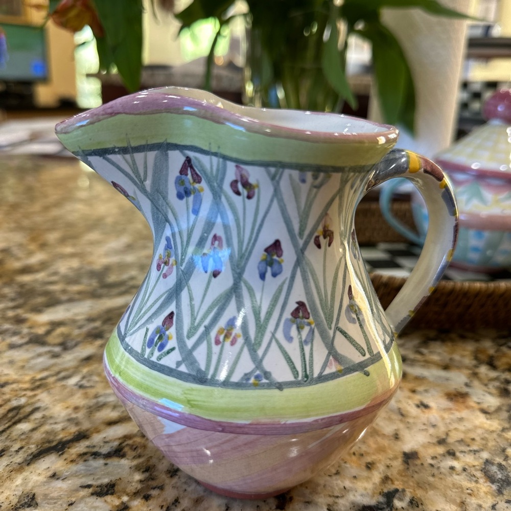 Mackenzie Childs Vintage Bearded Iris Pattern Ceramic Creamer Pitcher